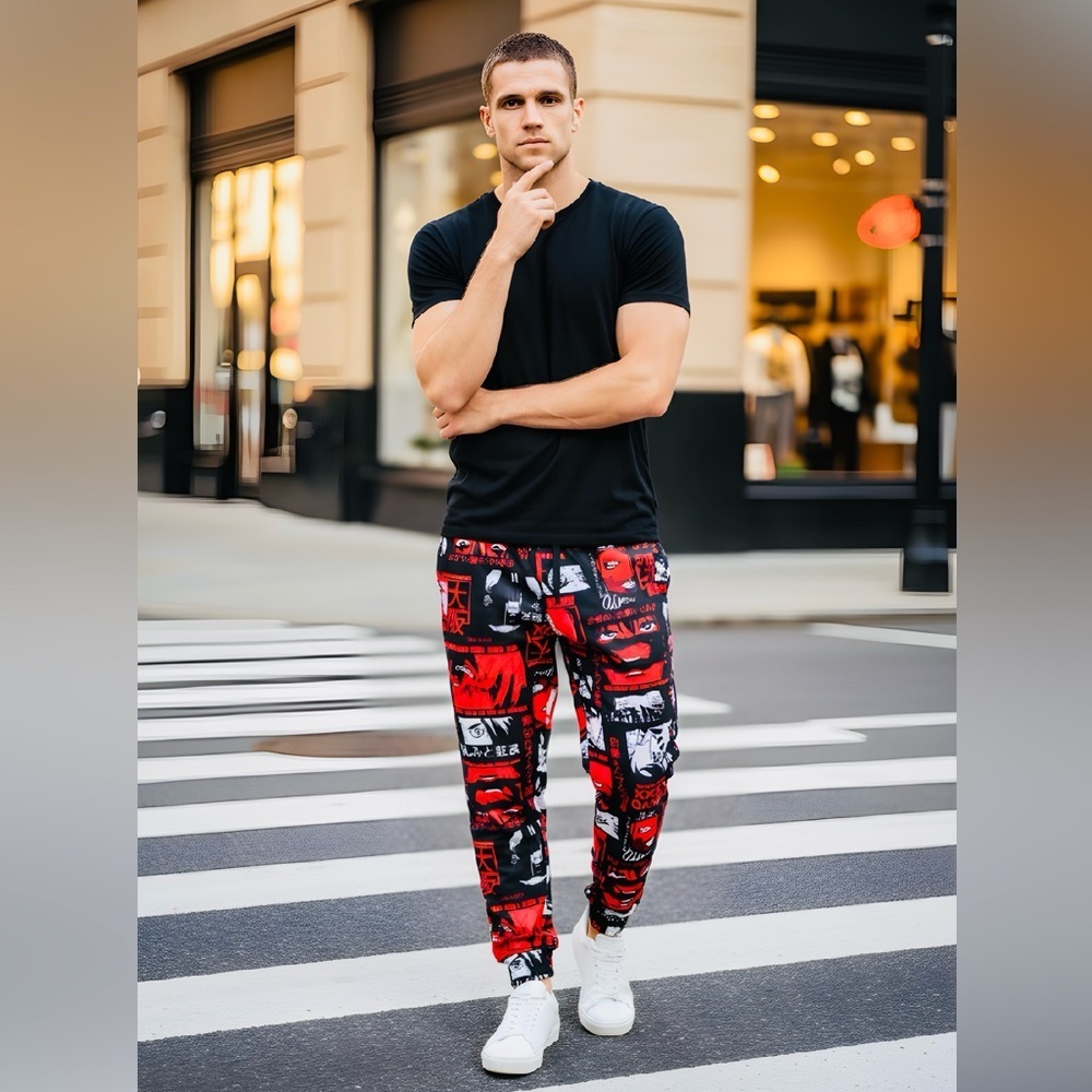 NWT Fresh Prints of Bel-Air SZ M black, white, red Tokyo print jogger/waist 29”